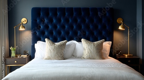 Elegant bedroom interior featuring a blue velvet headboard and golden wall-mounted lamps