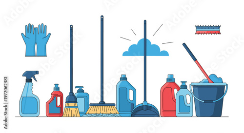 Set of diverse cleaning supplies including mops, brooms, buckets, and various detergent bottles in blue and red tones.