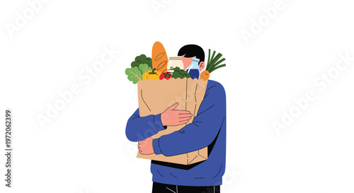 Person holding a large brown paper bag overflowing with fresh groceries like bread, leafy greens, and other vegetables.