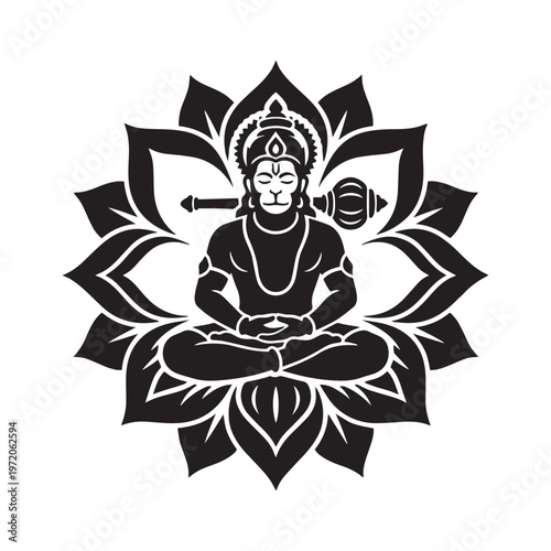 Black silhouette of Hindu god Hanuman sitting in meditative yoga pose inside large lotus flower holding mace for spiritual and religious design
