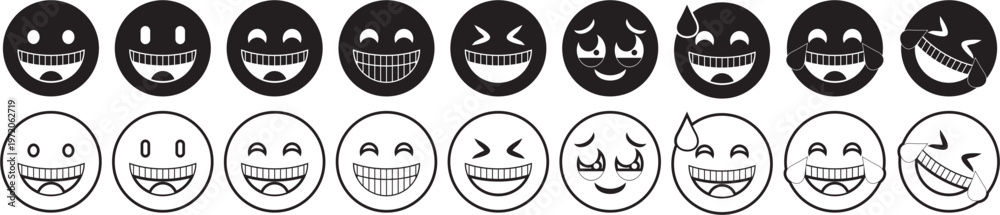 Obraz premium Collection of smiling emoji icons showing various happy expressions, including laughter, joy, closed-eye smiles, and playful emotions. Simple black and white vector style, perfect for UI, social media