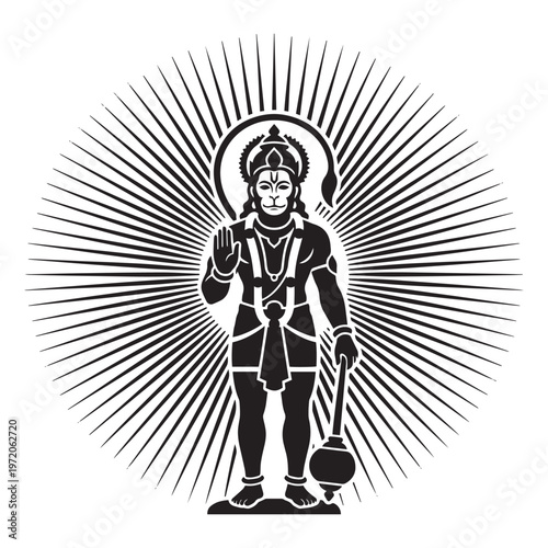 Black silhouette of standing Hindu god Hanuman offering blessing with raised hand and holding mace against radiant sunburst background