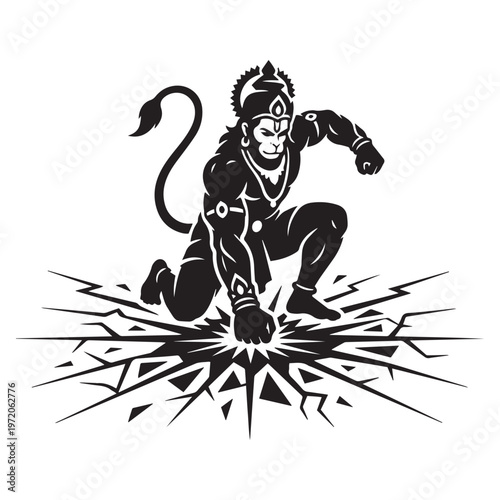 Powerful black silhouette of Hindu god Hanuman punching the ground creating radiating cracks showcasing immense strength and dynamic action