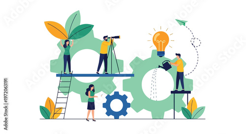 Diverse business professionals collaborating together to foster corporate growth by managing large colorful gears while using tools like telescopes and watering cans to nurture new creative ideas that