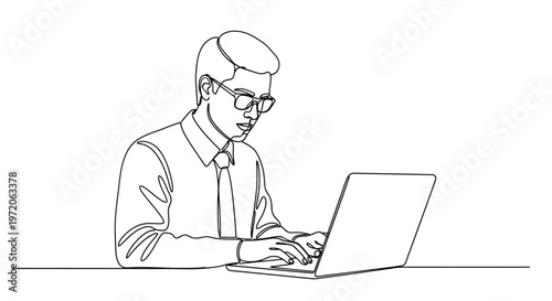AdobYoung professional wearing stylish glasses is focused while working intently on his portable laptop computer in a minimalist continuous single line drawing art style showing ae Illustrator Artwork