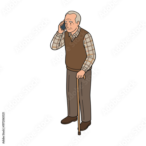 An elderly man talks on phone while holding cane standing indoors