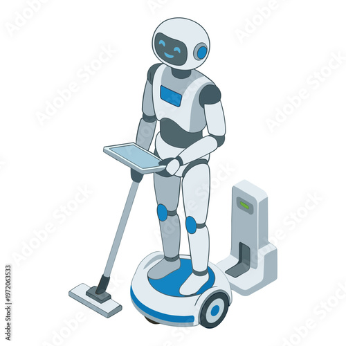 Robot is cleaning with a vacuum on a hoverboard indoors with technology