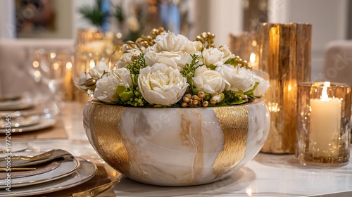 Elegant marble bowl with white flowers and golden accents, luxurious table setting