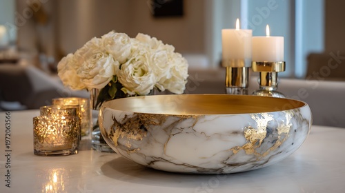 Golden marble bowl with floral arrangement and lit candles, elegant interior