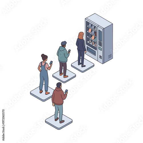 People stand in line to use a vending machine with various snacks