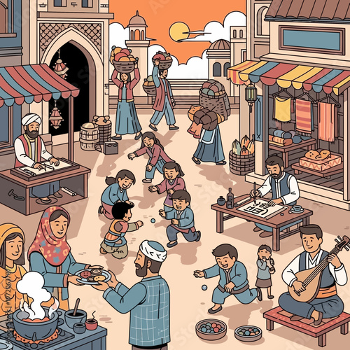 Vibrant traditional community life in ancient middle eastern market