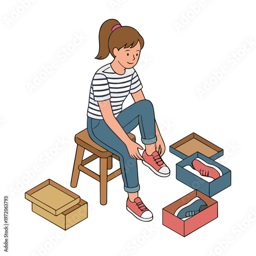 A young girl sits on a stool trying on shoes next to several shoe boxes.