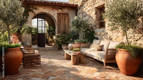 Rustic Mediterranean patio with stone walls, wicker seating, and potted plants