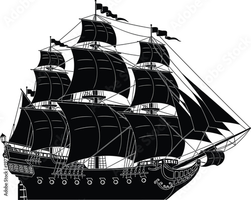 Historic silhouette of majestic multi-masted galleon warship with ornate stern, square-rigged sails, naval gun ports, and exploration era maritime grandeur illustratio