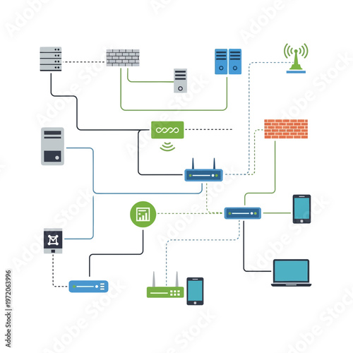 Complex computer network infrastructure diagram with various digital devices