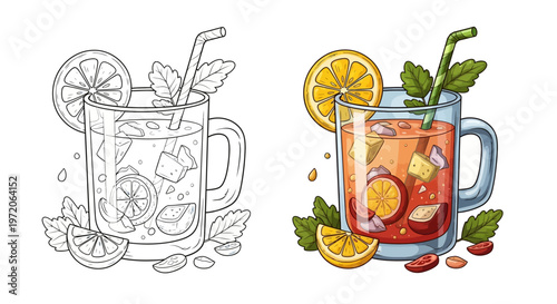 Refreshing Summer Drink with Citrus and Mint - Line Art and Color Version