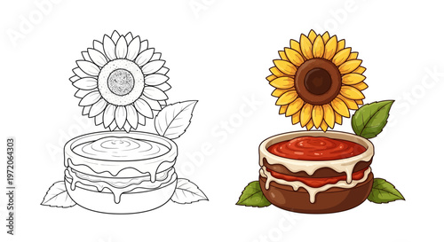 Sunflower With Bowl Of Sauce And Leaves - Color And Line Art Comparison