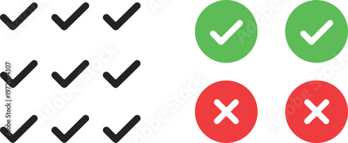 Check mark and cross icon set with approved and rejected symbols green and red validation signs vector illustration collection