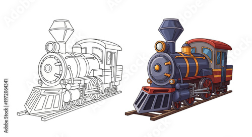 Vintage Steam Locomotive Coloring Page and Full Color Illustration