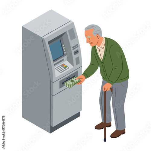 Elderly man using an ATM with a cane to withdraw cash.