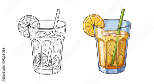 Refreshing Orange Drink with Ice and Citrus Slices in a Glass with Straw