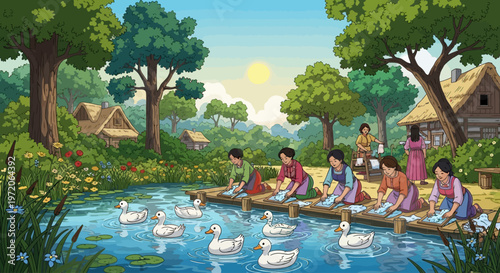 people washing clothes on a raft in a serene pond with ducks vector illustration