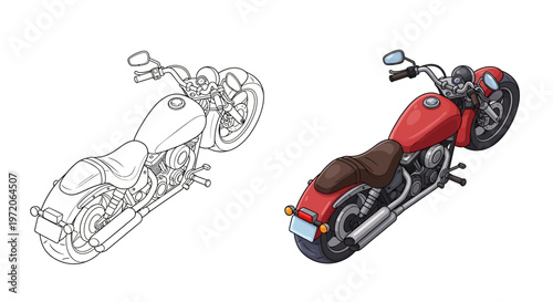 Red Motorcycle Line Art and Full Color Illustration - Side View