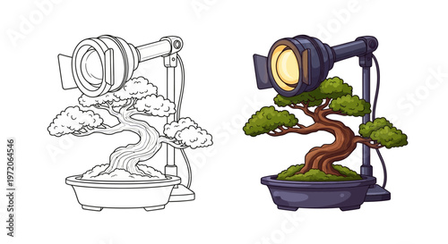 Bonsai Tree Under Spotlight: Artistic Illustration, Line Art and Color Version