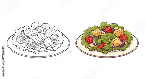 Healthy Salad with Croutons, Tomatoes, and Red Onion on a Plate - Line Art and Color Comparison