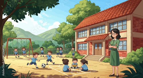 teacher supervising kids playing soccer outside school building vector illustration