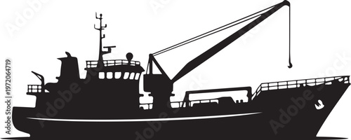 Fishing boat, cargo ship, vessel silhouette, industrial maritime icon, black vector graphic