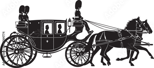 Vintage horse drawn carriage, black silhouette, elegant transportation, luxury vehicle, horse and buggy