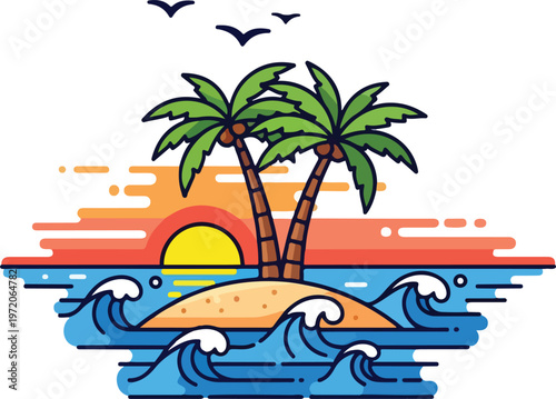 Vibrant tropical island sunset illustration featuring swaying palm trees, warm golden sun, and dynamic ocean waves, evoking a serene and idyllic vacation escape