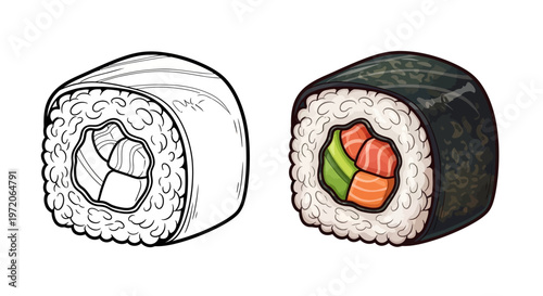 Sushi Roll Coloring Page and Finished Food Illustration
