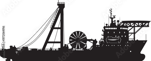Industrial cargo ship, vessel silhouette, black industrial boat, transportation icon