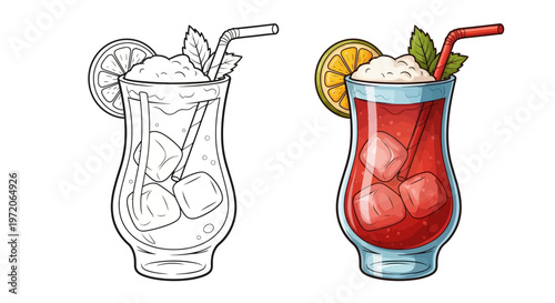 Refreshing Cocktail with Ice, Lime, and Mint - Color and Outline Versions