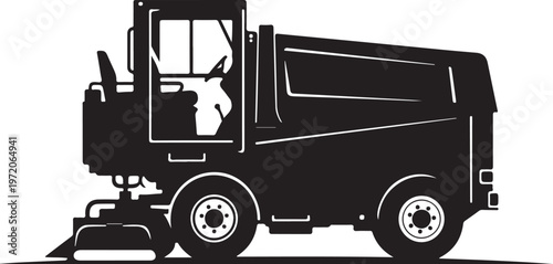Street Sweeper Truck, Urban Cleaning Vehicle, Municipal Maintenance, Black Vector Icon