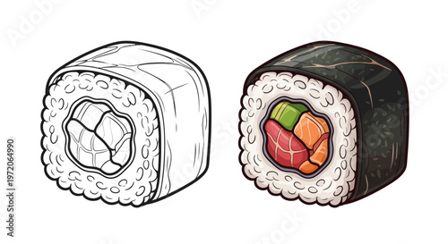 Sushi roll comparison: sketch vs colored illustration, Japanese food art