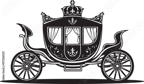 Luxury royal carriage, vintage vehicle, black and white illustration, elegant transportation