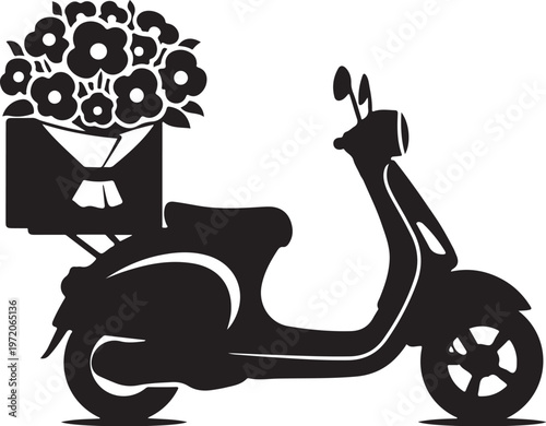Black silhouette scooter, bouquet flowers, floral delivery, transportation icon