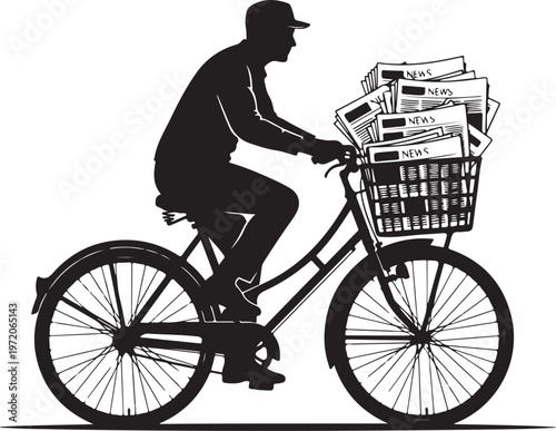 Newspaper delivery man on bicycle, newspaper carrier, bike messenger, urban transport