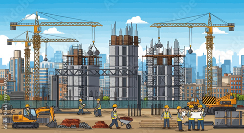 construction site with workers and cranes vector illustration