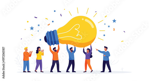 A diverse team of enthusiastic individuals is joyfully collaborating and working together, collectively lifting a giant glowing lightbulb high above their heads, symbolizing a breakthrough innovation,