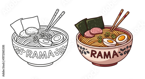 Delicious Ramen Bowl with Noodles, Egg, Meat, and Seaweed - Coloring Page and Colored Version