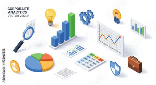 Corporate analytics concept with isometric charts graphs and business icons
