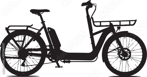 Electric bicycle, e-bike, cargo bike, black silhouette, vector illustration