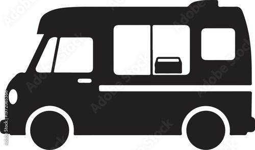 Black camper van, motorhome icon, vehicle silhouette, transportation symbol, travel graphic