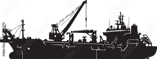 Industrial cargo ship, silhouette illustration, black vector graphic, maritime transportation icon
