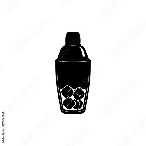 A black cocktail shaker with ice cubes on a plain white background