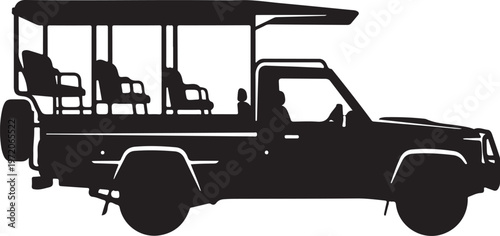 Safari vehicle, tourist truck, open top, silhouette illustration, black icon